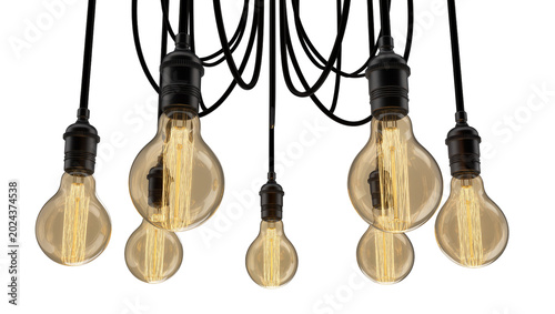 Bild auf Leinwand Group of Edison filament light bulbs hanging from black cords, isolated on trans