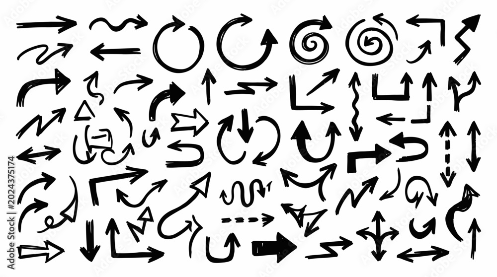 Obraz premium Diverse hand-drawn black doodle arrows in various styles and directions on a clean white background, representing user interface navigation and illustrating dynamic infographic content