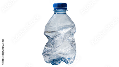 Foto Crushed clear plastic water bottle with blue cap, isolated on transparent backgr