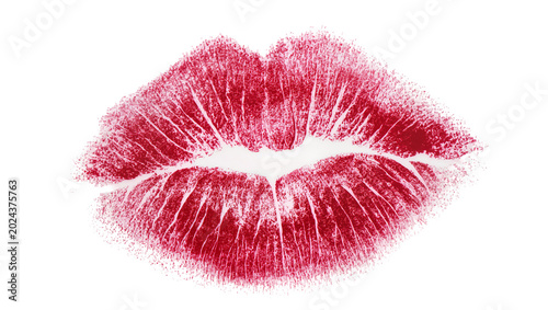 Schilderij op canvas Red lipstick kiss mark imprint, isolated on transparent background