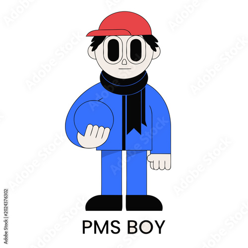 Cartoon character pms boy with red cap and blue coat