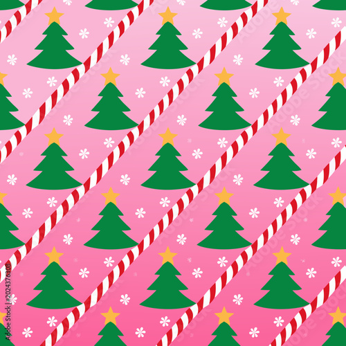 Pink background with repeating green christmas tree pattern