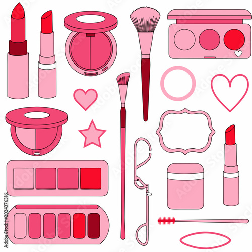Colorful makeup and beauty accessories set with pink tones