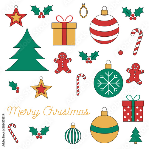 Colorful christmas holiday icons set with festive decorations