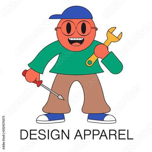 Cartoon handyman repairing clothes with tools