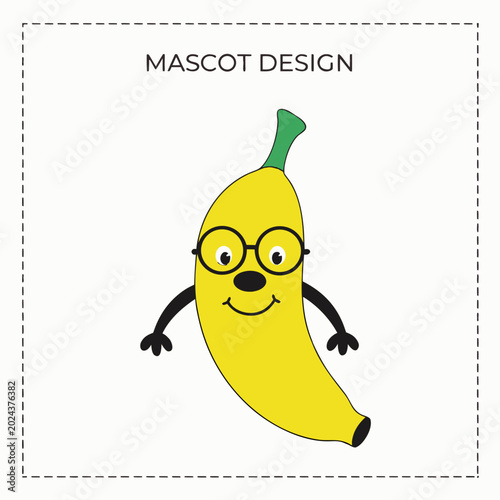 Friendly cartoon banana mascot with glasses waving cheerfully