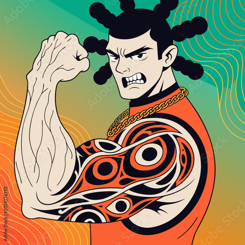 Mystical muscular arm with intricate tribal tattoo flexing