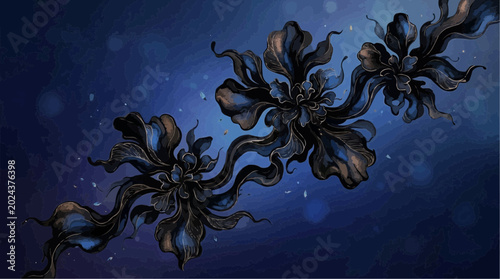 Abstract floral scroll displays dark blue and black stylized flower petals against a deep blue gradient background.