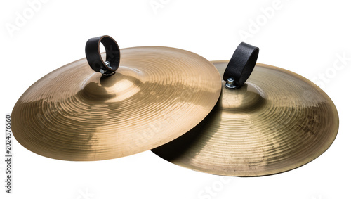 Photos Pair of brass cymbals with black leather straps, isolated on transparent backgro