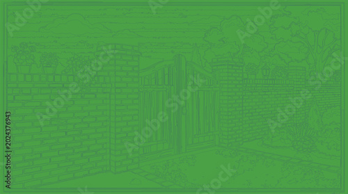 Gate with brick pillars creates a classic entrance in this green monochromatic line art illustration.