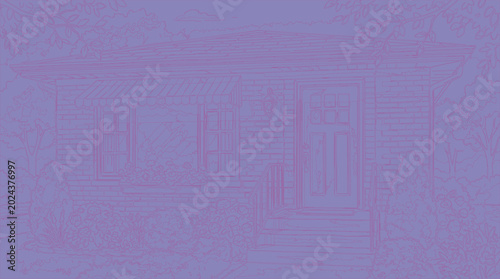 House facade line art is displayed in a monochromatic purple schematic style.
