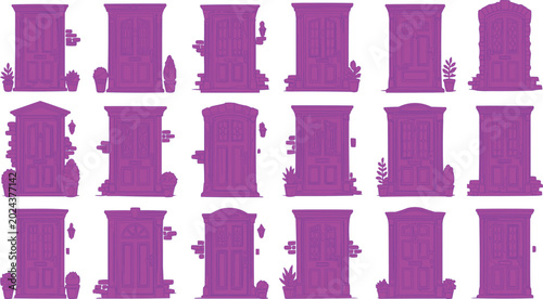 Doors of diverse designs are presented as a grid of purple silhouettes against a plain background.