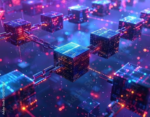 Glowing Digital Data Cubes Connected in Futuristic Neon Network Space