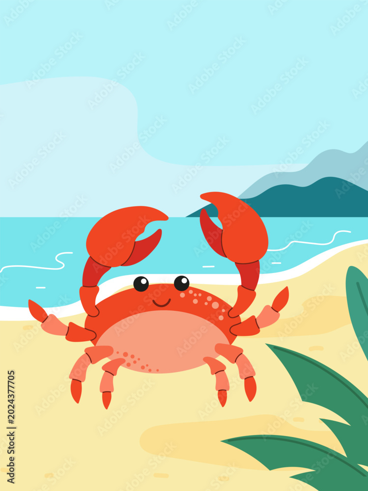 Naklejka premium Crab on the seashore. Cute summer card. Vector image.