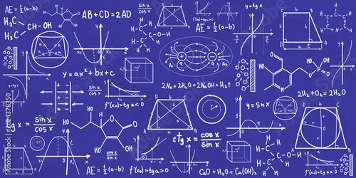 Foto Mathematical and chemical formulas drawn in white on blue background