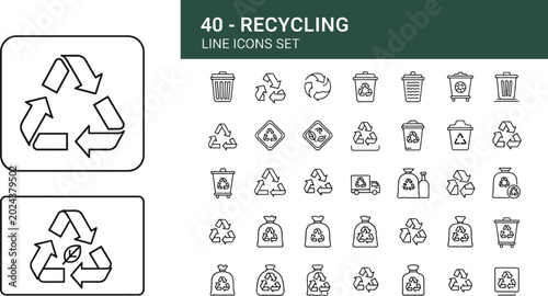 Eco recycling line icon collection featuring waste management, sustainability, reusable packaging and environmental conservation concepts