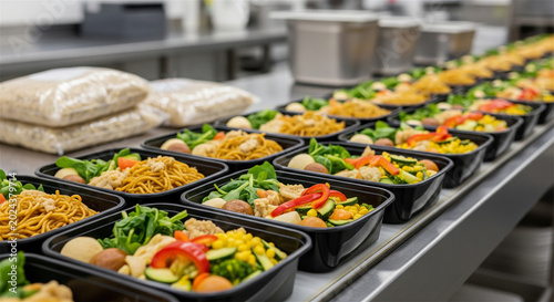 Healthy meal prep containers on assembly line, nutritious ready-to-eat food delivery service, commercial kitchen catering production