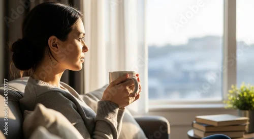 Fototapeta Woman holding coffee cup looking out window in morning light