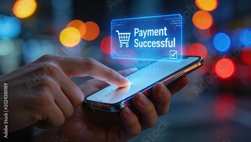 Close up of hand holding smartphone with payment successful notification hologram, secure mobile banking transaction and online shopping checkout concept at night city background