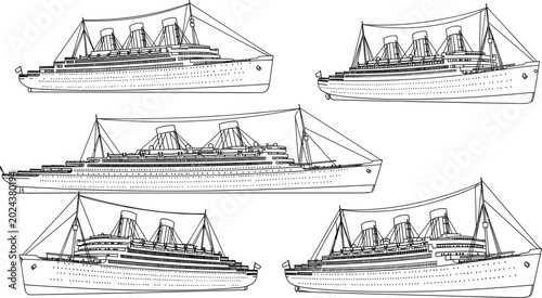 Elegant ocean liner cruise ship vector collection featuring vintage passenger transportation vessels with classic maritime engineering designs