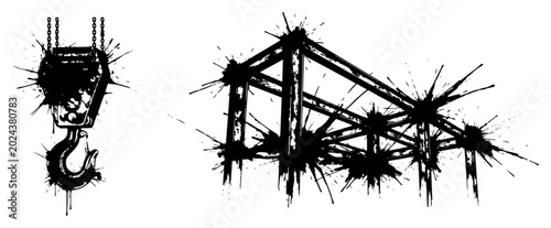 Fotografía Construction scaffolding and heavy crane hook industrial structures in grungy in