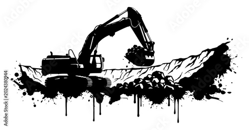 Schilderij op canvas Excavator digging soil at construction site in messy ink splatter style