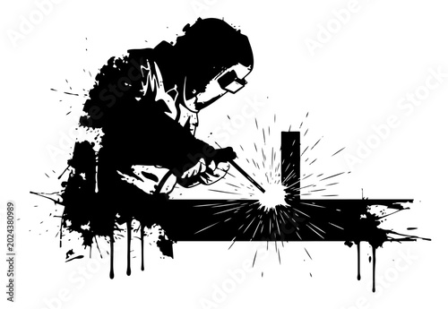 Fotografía Welder manual worker joining metal with torch in grunge ink style