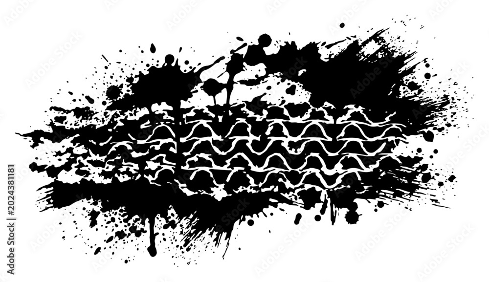 Obraz premium Tire track tread mark with messy mud ink splatters in grunge style