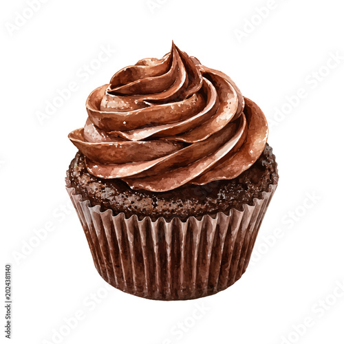Quadro su tela A decadent watercolor chocolate cupcake featuring a rich, swirled frosting atop a moist chocolate base illustrated in a refined dessert illustration style
