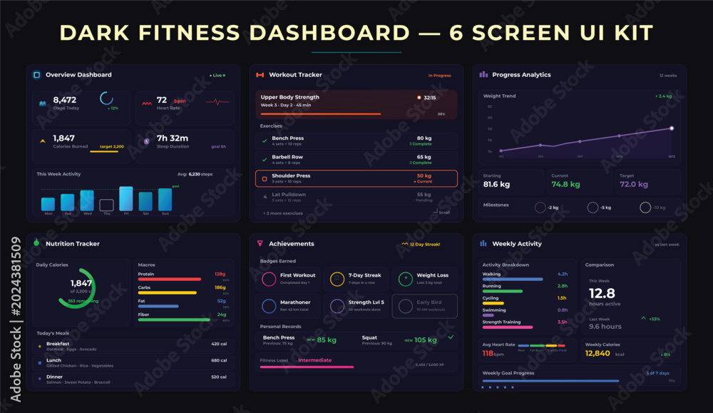 Fototapeta premium Dark Fitness Dashboard UI Kit — 6 Screen Vector Set for Health & Wellness Apps