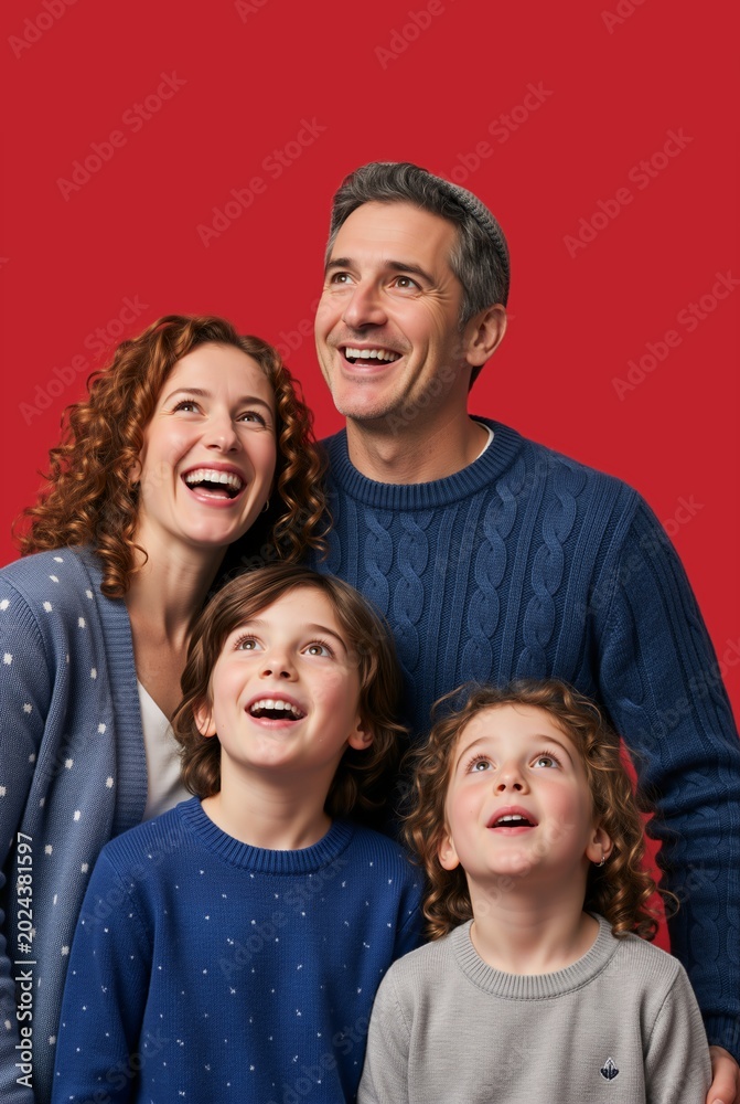 Fototapeta premium Vertical portrait of a happy Jewish family looking up against a solid red background. Smiling parents and children celebrating a holiday. Father wearing a kippah. Hanukkah togetherness concept