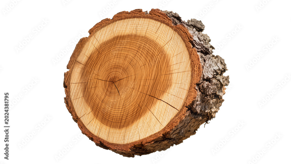 Fototapeta premium Rough bark tree stump cross-section with visible growth rings, isolated on transparent background