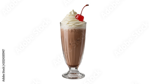 Obraz na płótnie Tall glass of chocolate milkshake with whipped cream and cherry, isolated on tra