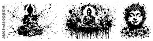 Photography Meditating Buddha figures in lotus pose with messy drips in grunge ink splatter