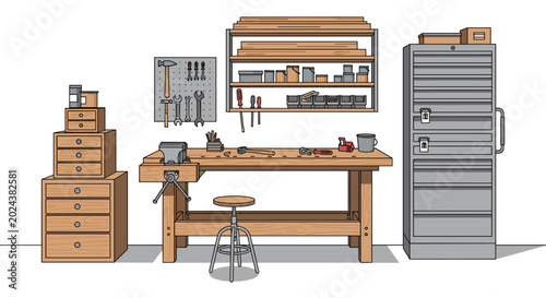 Woodworking shop interior with a heavy timber workbench, various hand tools, wall storage, and industrial-style cabinets.