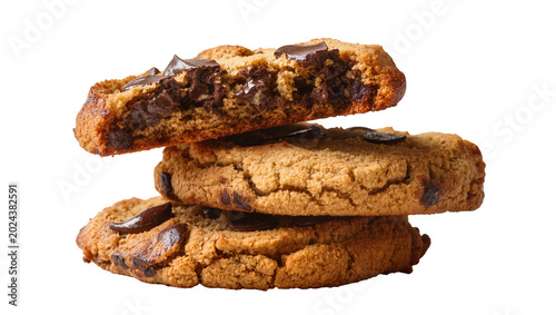 Schilderij op canvas Stack of three chocolate chip cookies with gooey melted chocolate, isolated on t