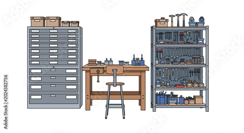 Industrial workshop illustration showing large cabinet with many drawers, wooden workbench with stool, and tall tool storage rack.