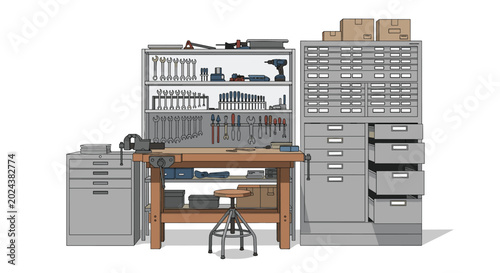 Professional workshop scene with wooden workbench and stool, large tool cabinet with drawers, and tall shelving unit with toolboxes.