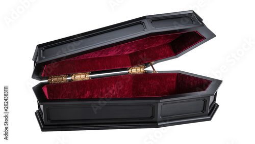 Tableau sur toile Ornate black coffin with red velvet lining and gold hinges, isolated on transpar