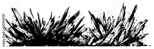 Foto Sharp jagged crystalline shards and wood splinters with messy ink splatters in g