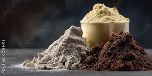 Mountains of different baking powders create a striking contrast against the dark wood. The earthy tones invite creativity in the kitchen, perfect for delicious treats