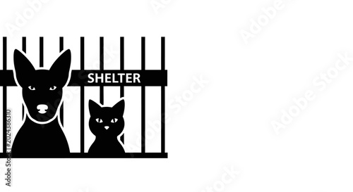 Εκτύπωση καμβά Black and white graphic icon of a dog and cat behind shelter bars
