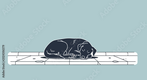 Tableau sur toile A stylized illustration of a black dog sleeping peacefully on a tiled floor