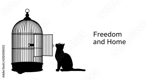 Cuadro en lienzo Black silhouette of a cat sitting next to an open bird cage.