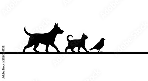 Photos Silhouette illustration of a dog a cat and a bird walking together in a line
