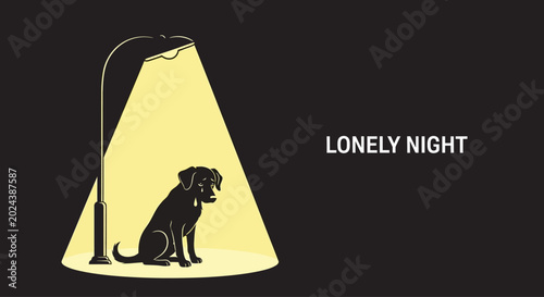 Canvastavla A lonely black dog sitting under a street lamp at night.