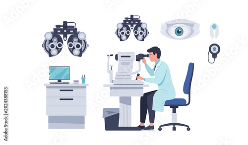 Fotografie Ophthalmologist doctor using slit lamp machine for eye examination in optometry