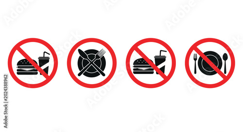 Set of four prohibition signs indicating no food, no drinks, and no eating with utensils allowed