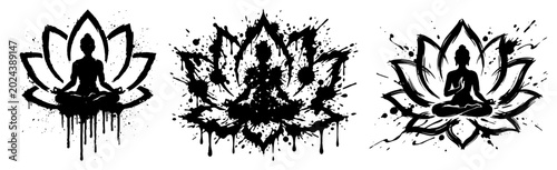 Quadro su tela Buddha meditating inside lotus flower variations with grunge ink splatters and d