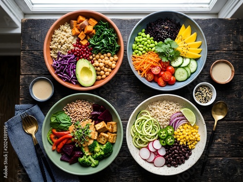 Healthy Vegan Bowls with Various Vegetables Hummus and Seeds